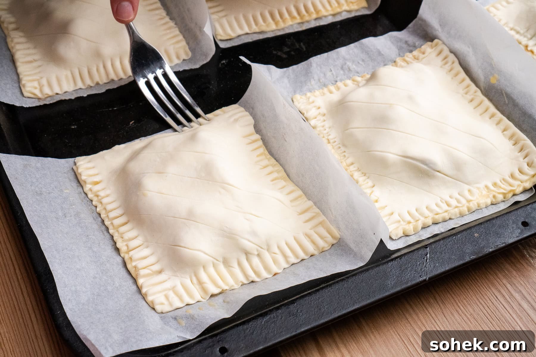 Greggs-Style Steak Bake Recipe: How to Make It at Home 37 Crimping the puff pastry edges on the steak bakes using a fork