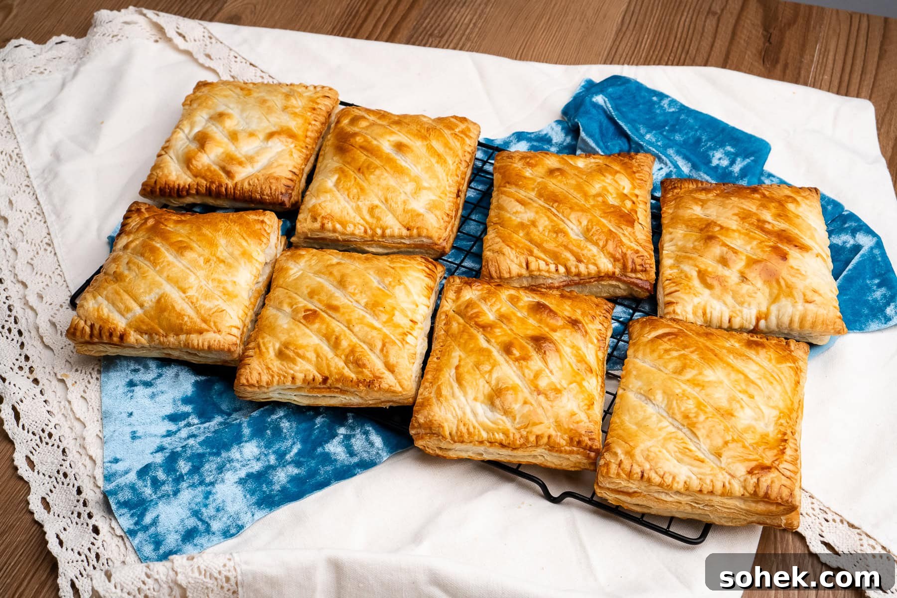 Greggs-Style Steak Bake Recipe: How to Make It at Home 42 Eight cooked steak bakes on a wire rack with a blue and white cloth under the wire rack