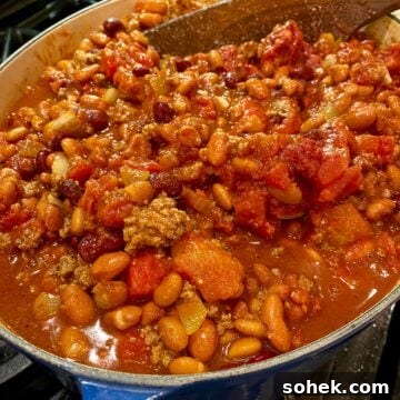 Classic Idaho Chili Recipe: Hearty Potato and Beef Chili 12 A large stockpot on the stove full of chili.
