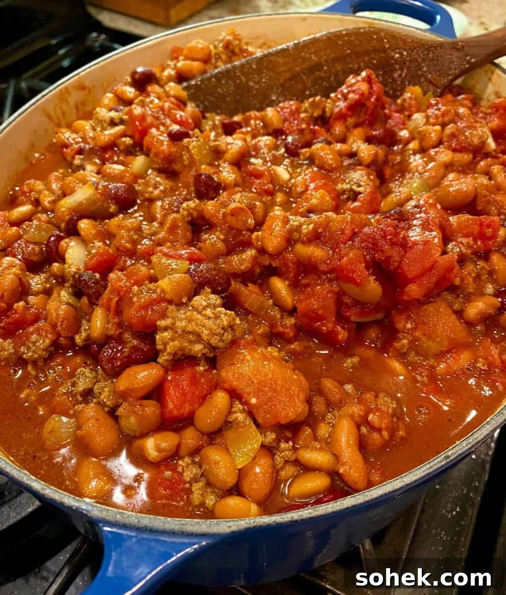 Classic Idaho Chili Recipe: Hearty Potato and Beef Chili 8 A large stockpot on the stove full of chili.
