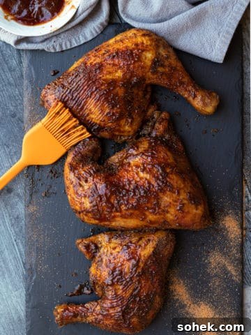 Smoked chicken quarters on a slate plate topped with BBQ sauce.