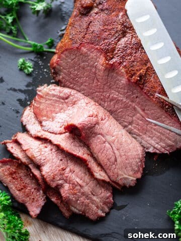 Closeup of smoked Tri Tip on a black slate being sliced.