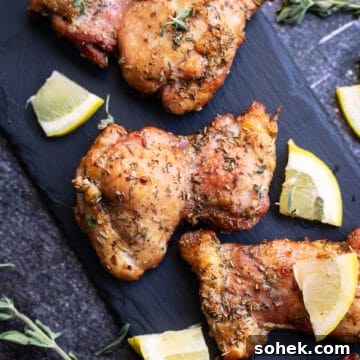 Juicy Smoked Chicken Thighs with Crispy Skin Recipe 16 Closeup of smoked chicken thighs on a black cutting board