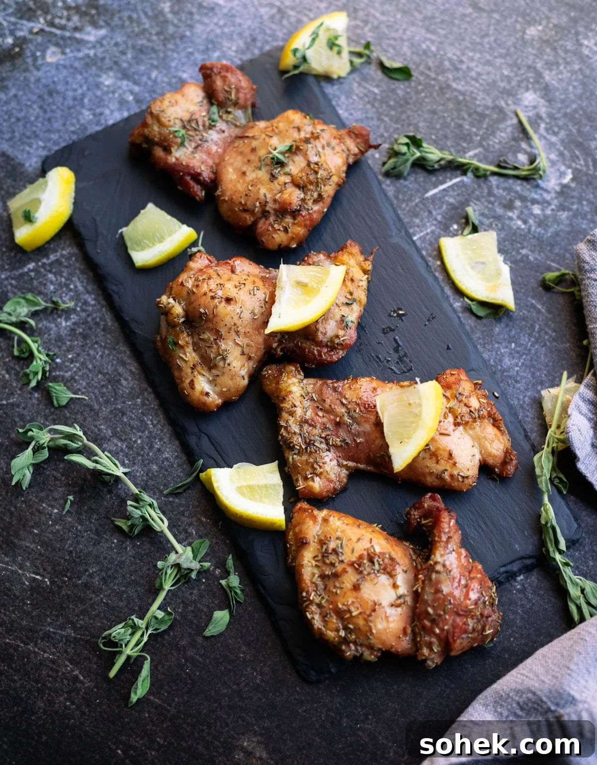 Juicy Smoked Chicken Thighs with Crispy Skin Recipe 10 Four smoked chicken thighs on a black slate