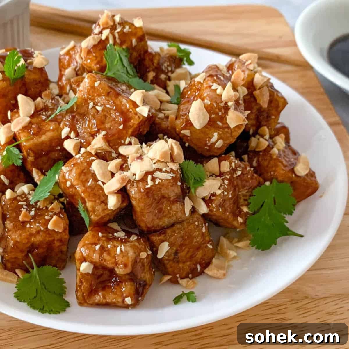 Crispy Pan Fried Tofu Tossed In Hoisin Sauce on a white plate, topped with cilantro and chopped peanuts.