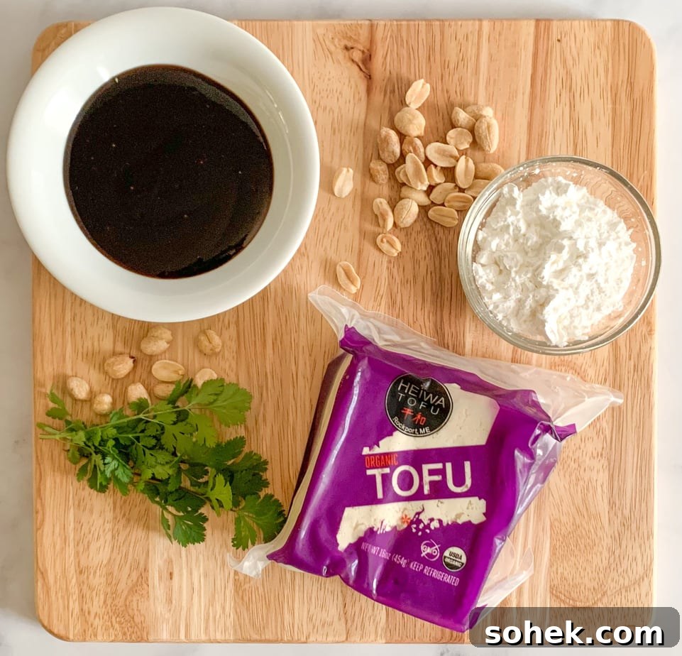 A package of tofu, shelled peanuts, a dish of hoisin sauce, fresh cilantro and a dish of cornstarch displayed on a butcher block board.