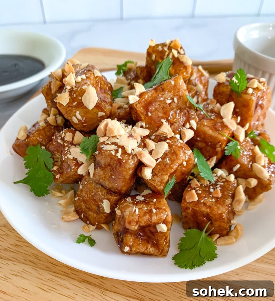 An up close photo of fired tofu cubes tossed in hoisin sauce on a white plate, topped with fresh cilantro and chopped peanuts. A dish of hoisin sauce on the side.