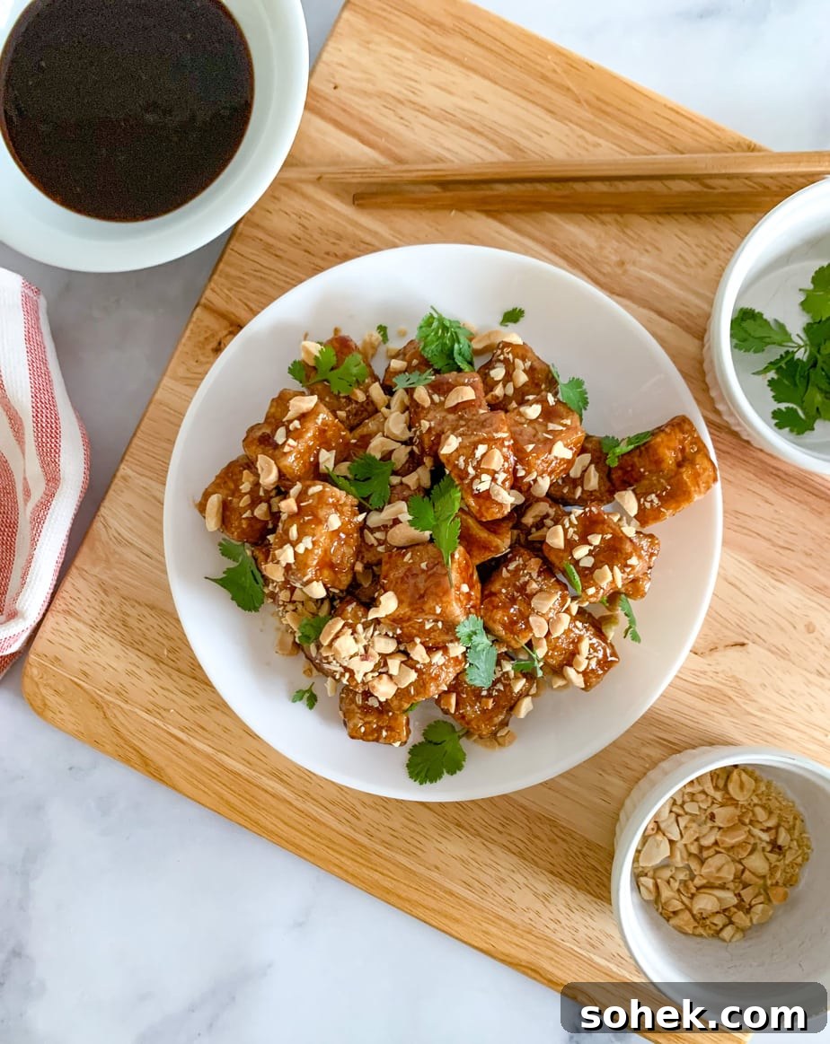 An overhead shot of fried tofu cubes, tossed in hoisin sauce and topped with cilantro and chopped peanuts on a white plate. A dish of fresh peanuts, cilantro, and hoisin sauce along side.