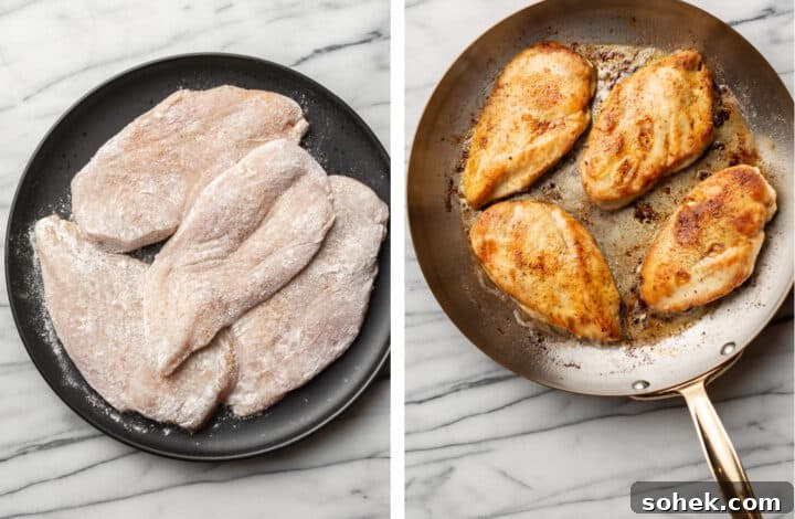coating chicken in flour and pan frying in a skillet