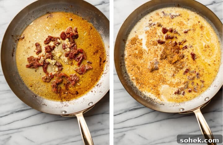 making a creamy sauce with sundried tomatoes in a skillet for cajun chicken