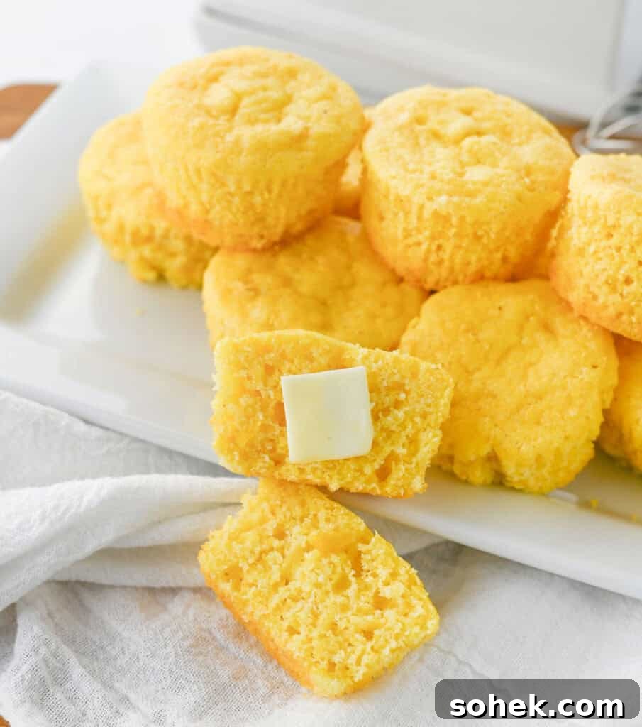 cornbread muffins with one halved with pat of butter