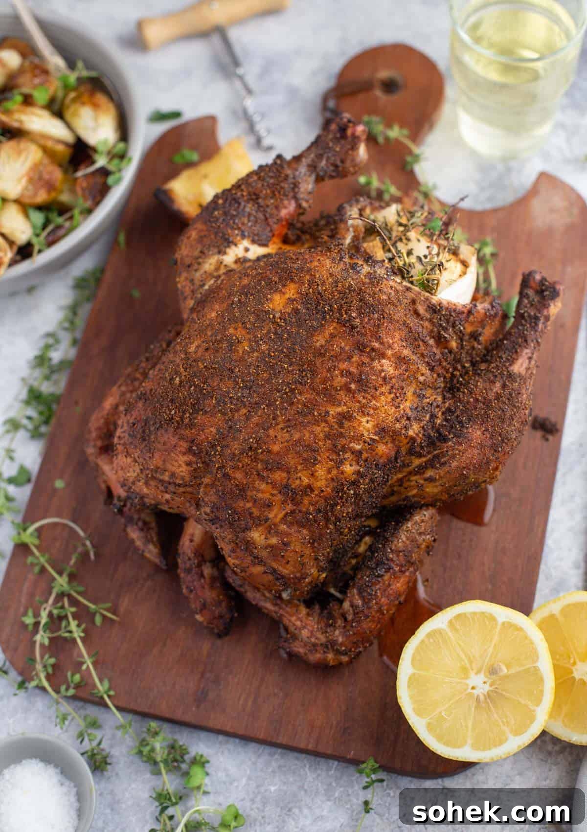 A whole pellet grill roasted chicken on a cutting board