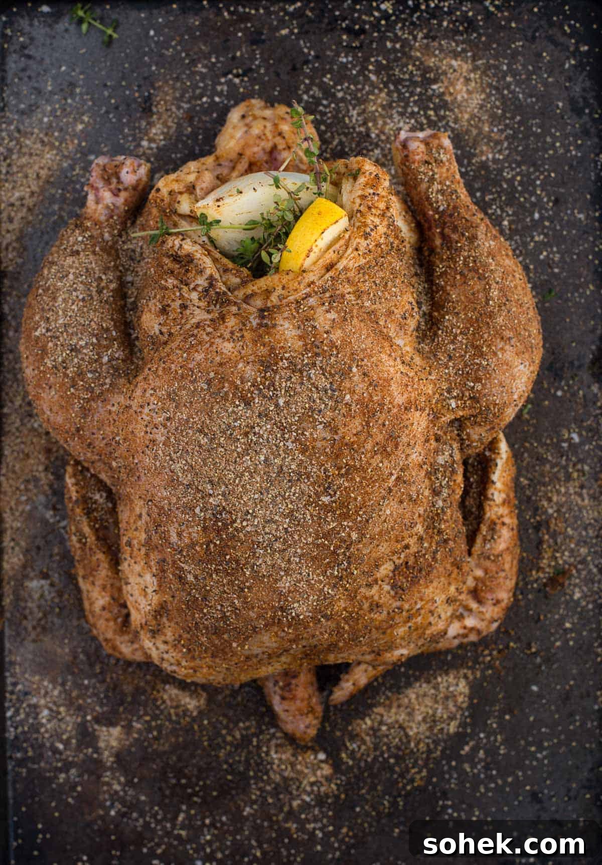A whole chicken coated in poultry rub and stuffed with lemon, herbs, garlic, and onion. 