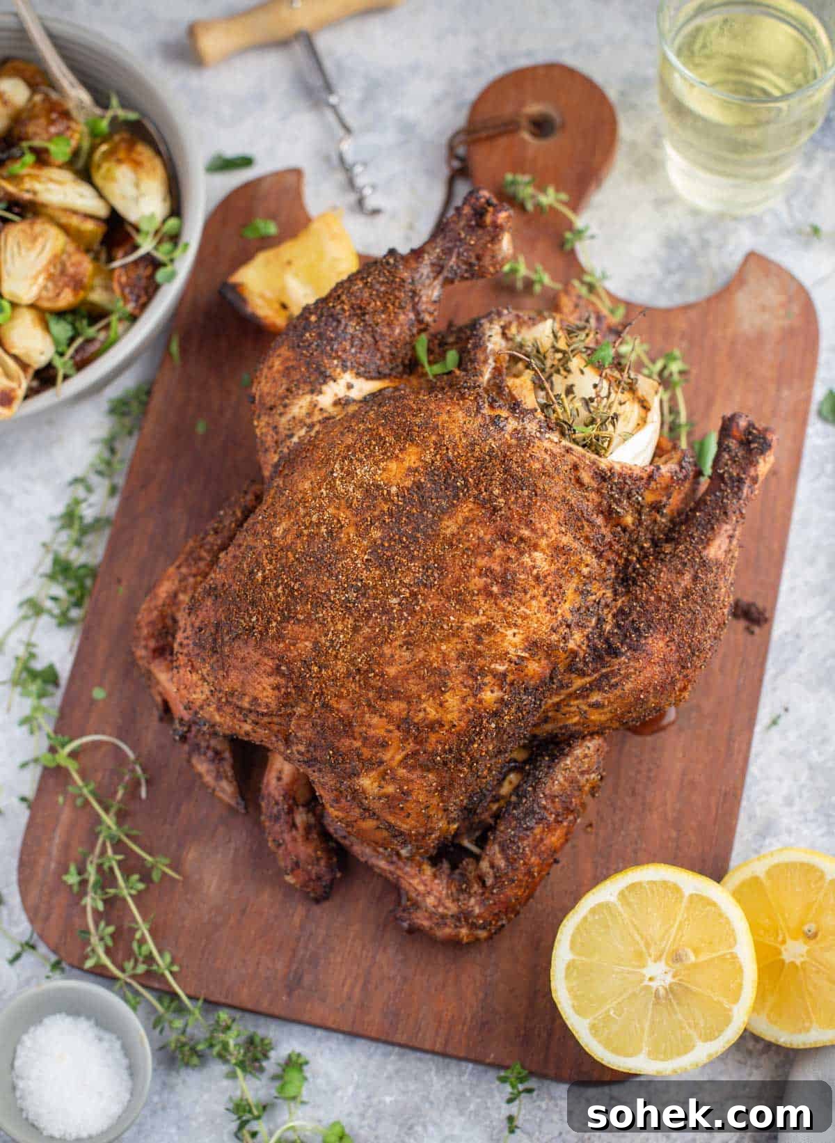A whole chicken grilled in a pellet smoker on a cutting board 