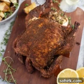 Smoke Roasted Pellet Grill Whole Chicken on a cutting board