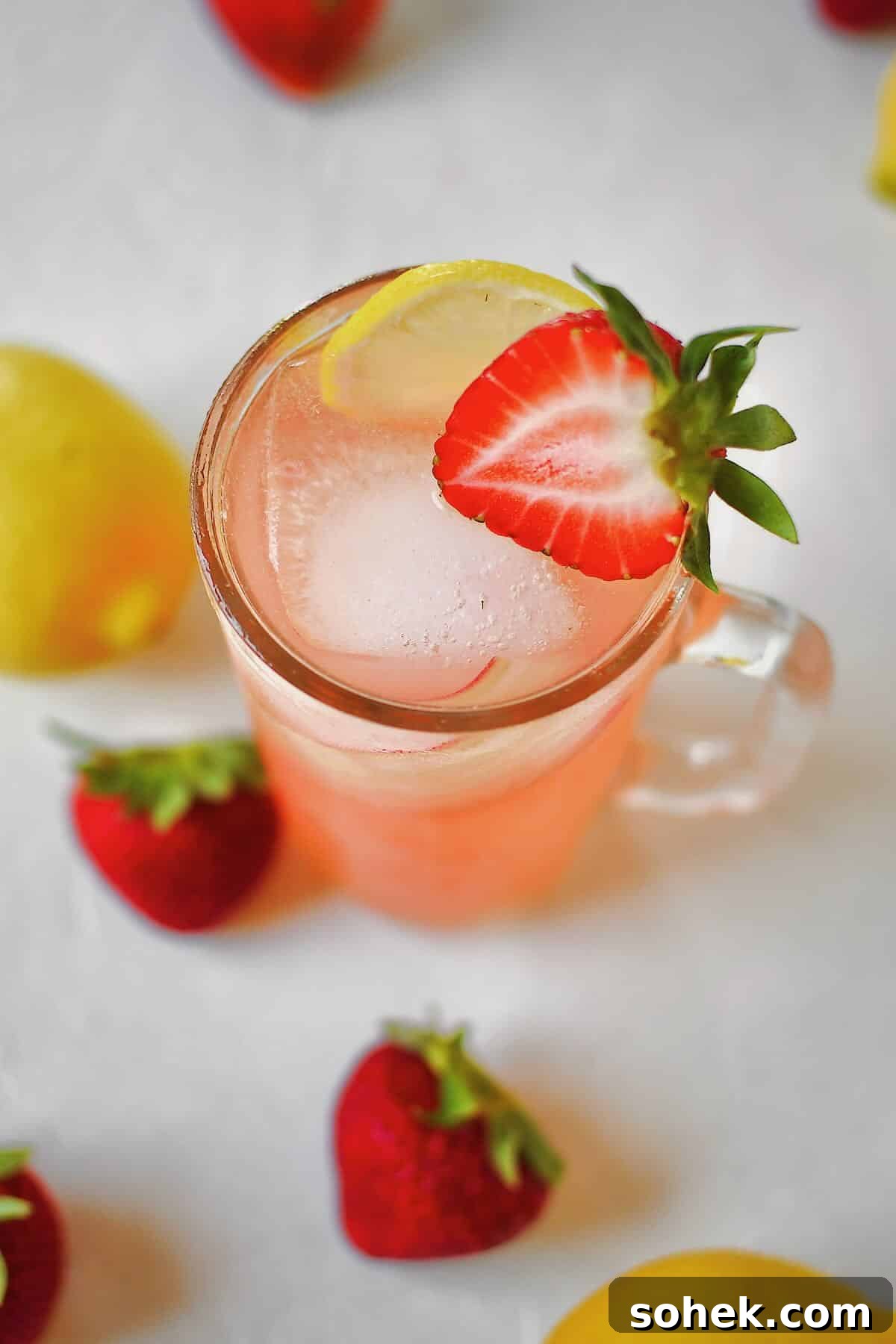 Top view looking into a glass of Strawberry Lemonade.