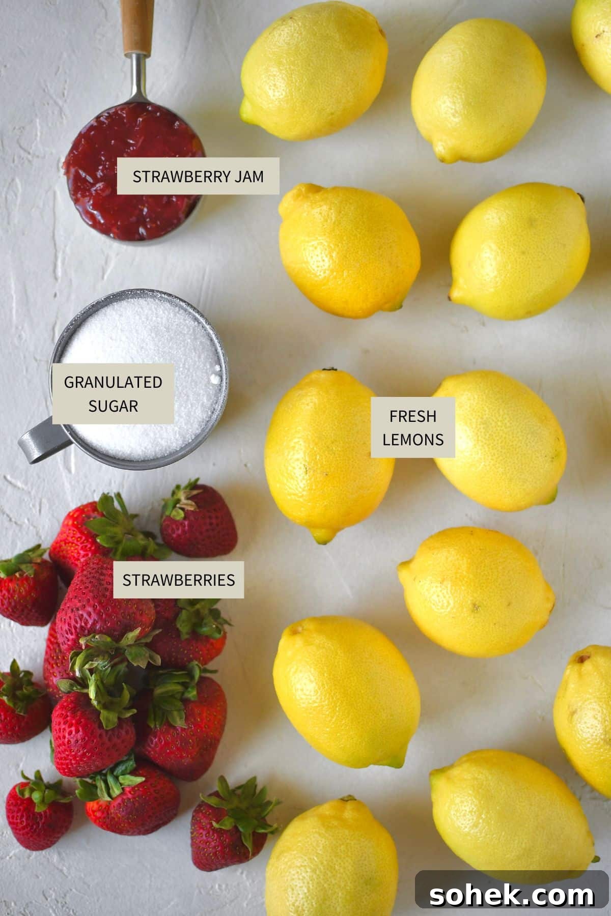 Ingredients needed to make Strawberry Lemonade.