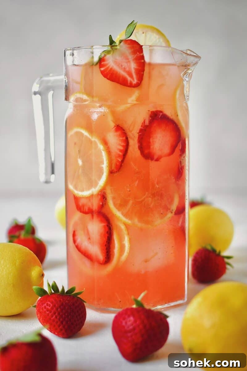 Pitcher of Strawberry Lemonade ready to be poured and enjoyed.