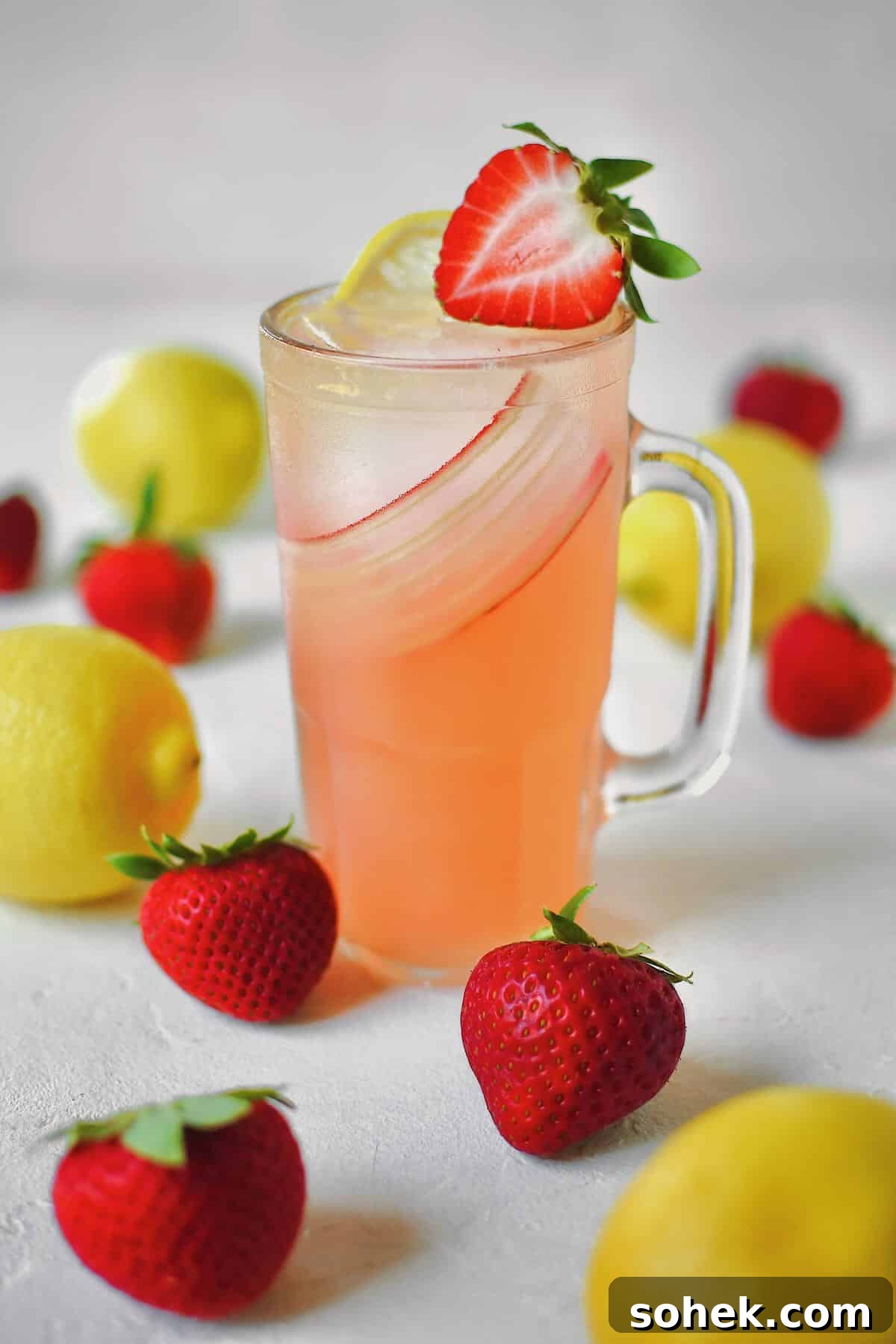 A glass of strawberry lemonade in a table with fresh strawberries and lemons around it.