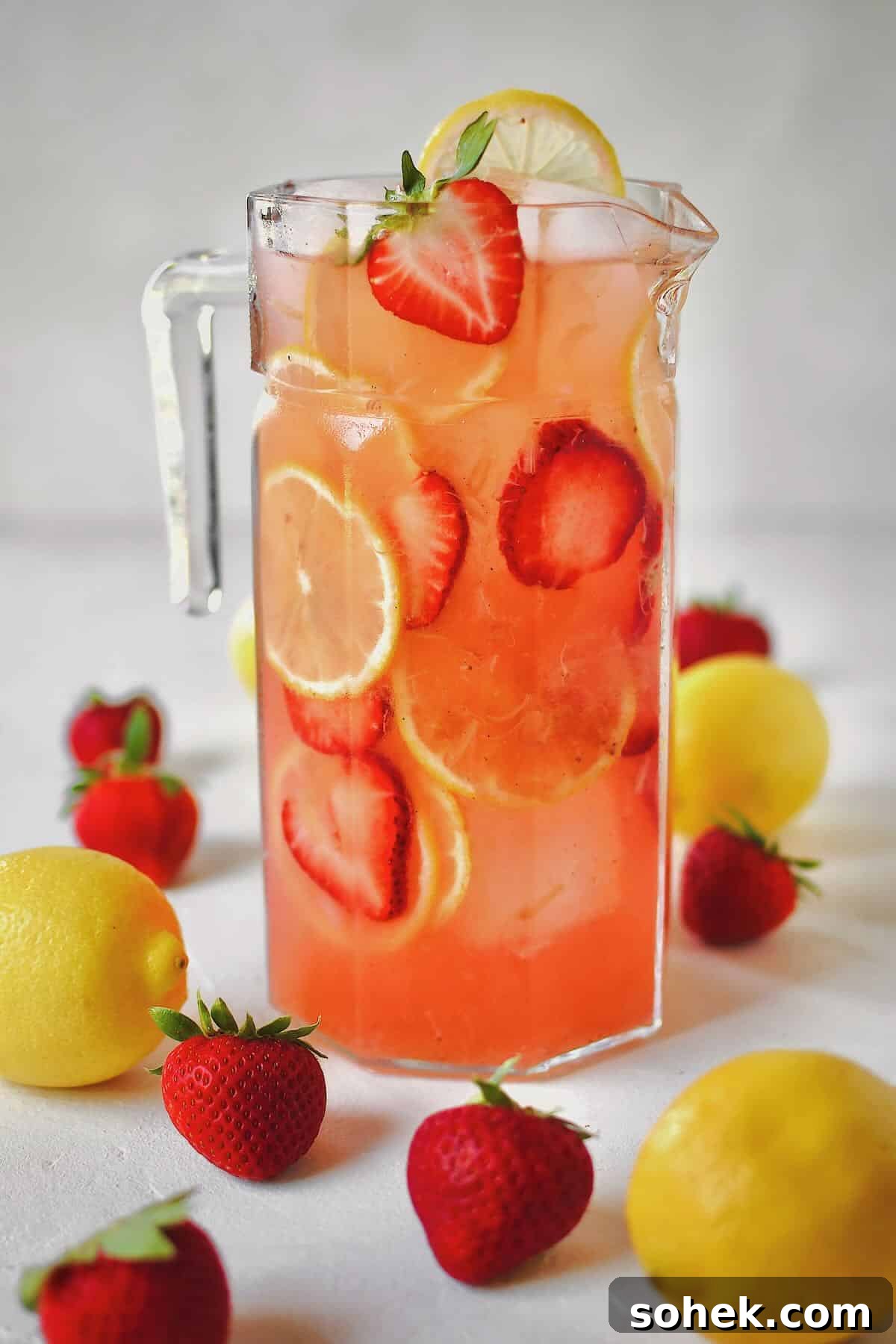Pitcher of Strawberry Lemonade ready to be poured and enjoyed.