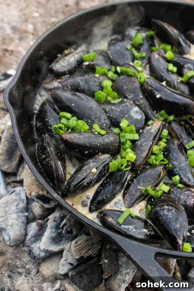 Beer-Steamed Mussels with Garlic and Herbs 2 steamed mussels in beer on the cast iron
