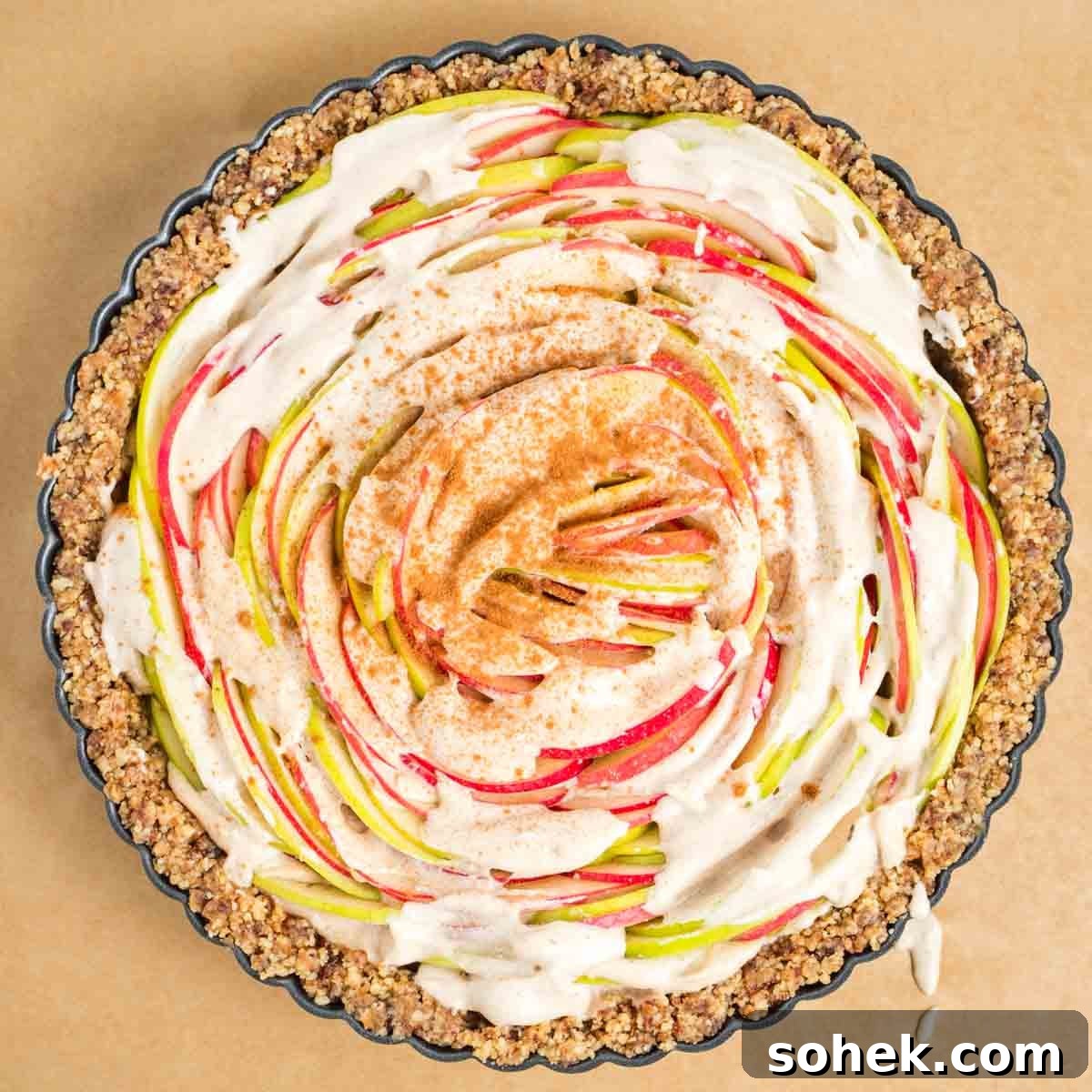 Apple Walnut Tart with Creamy Vegan Cashew Custard Recipe 17 Custard and apple slices in a walnut tart crust.