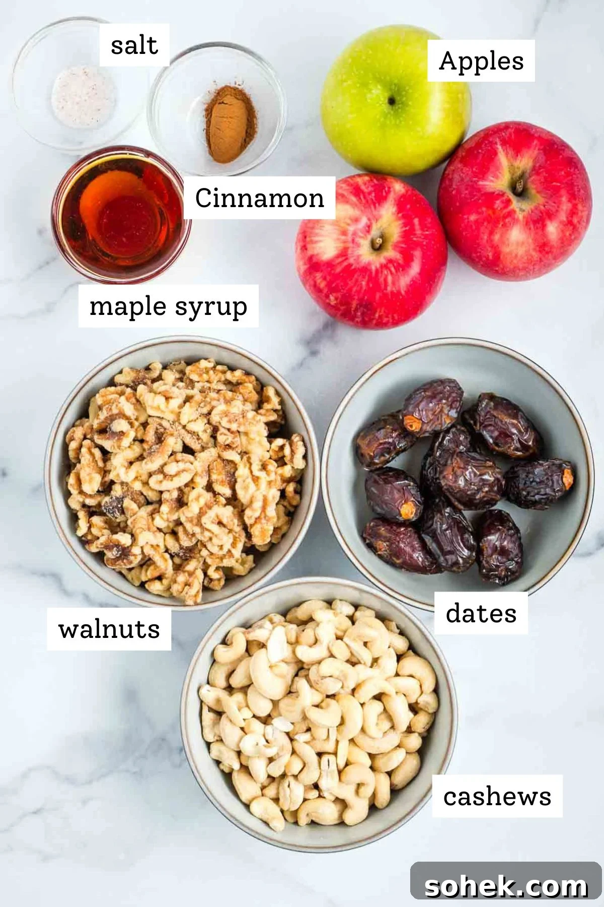 Apple Walnut Tart with Creamy Vegan Cashew Custard Recipe 3 Labeled ingredients for a walnut apple tart: walnuts, cashews, dates, apples, maple syrup, cinnamon.