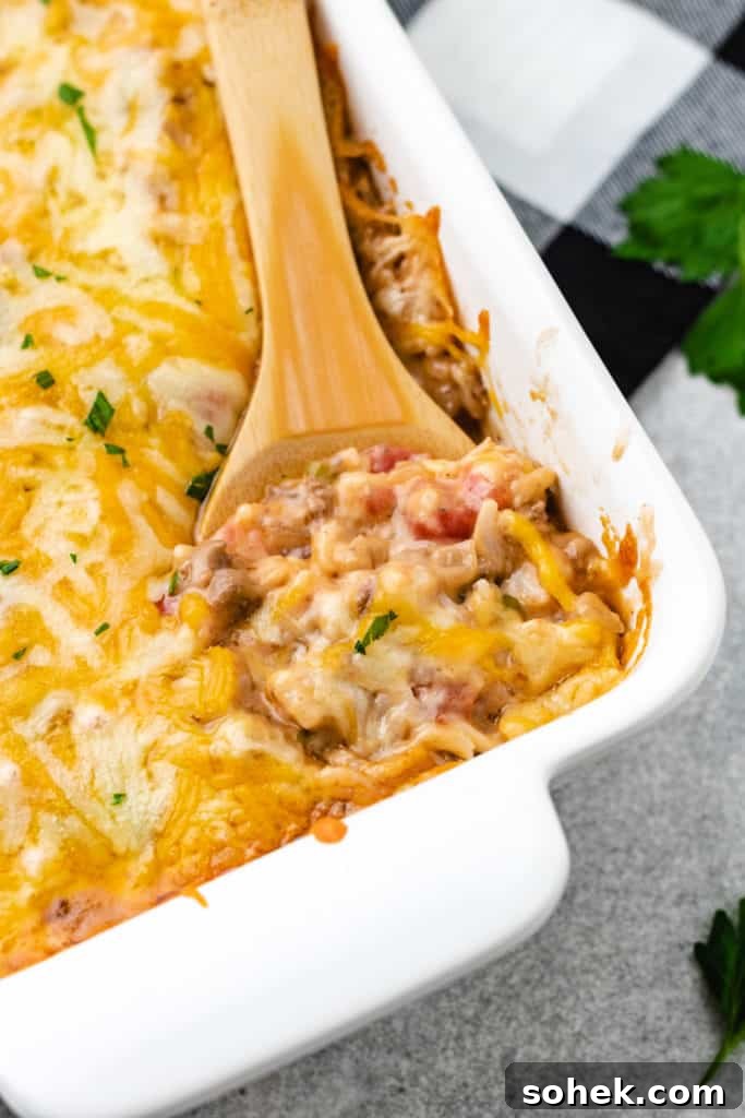 Cheesy Hamburger Rice Casserole Recipe for Comforting Weeknight Meals 2 Spoon serving cheesy hamburger casserole.