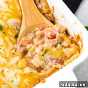 Cheesy Hamburger Rice Casserole Recipe for Comforting Weeknight Meals 11 Close up view of a spoon scooping ground beef and rice casserole from a baking dish.