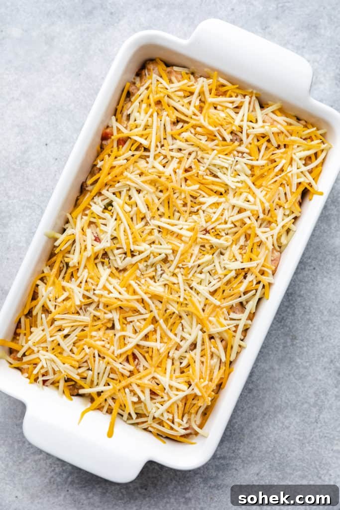 Cheesy Hamburger Rice Casserole Recipe for Comforting Weeknight Meals 8 Cheese sprinkled over casserole filling.