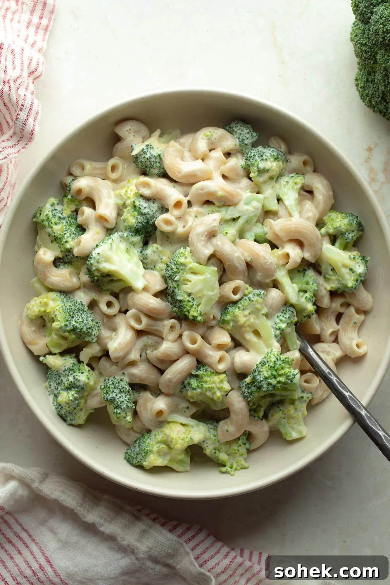 High-Protein Sharp White Mac and Cheese with Broccoli 2 overhead view of vegan white mac and cheese with broccoli in a bowl.