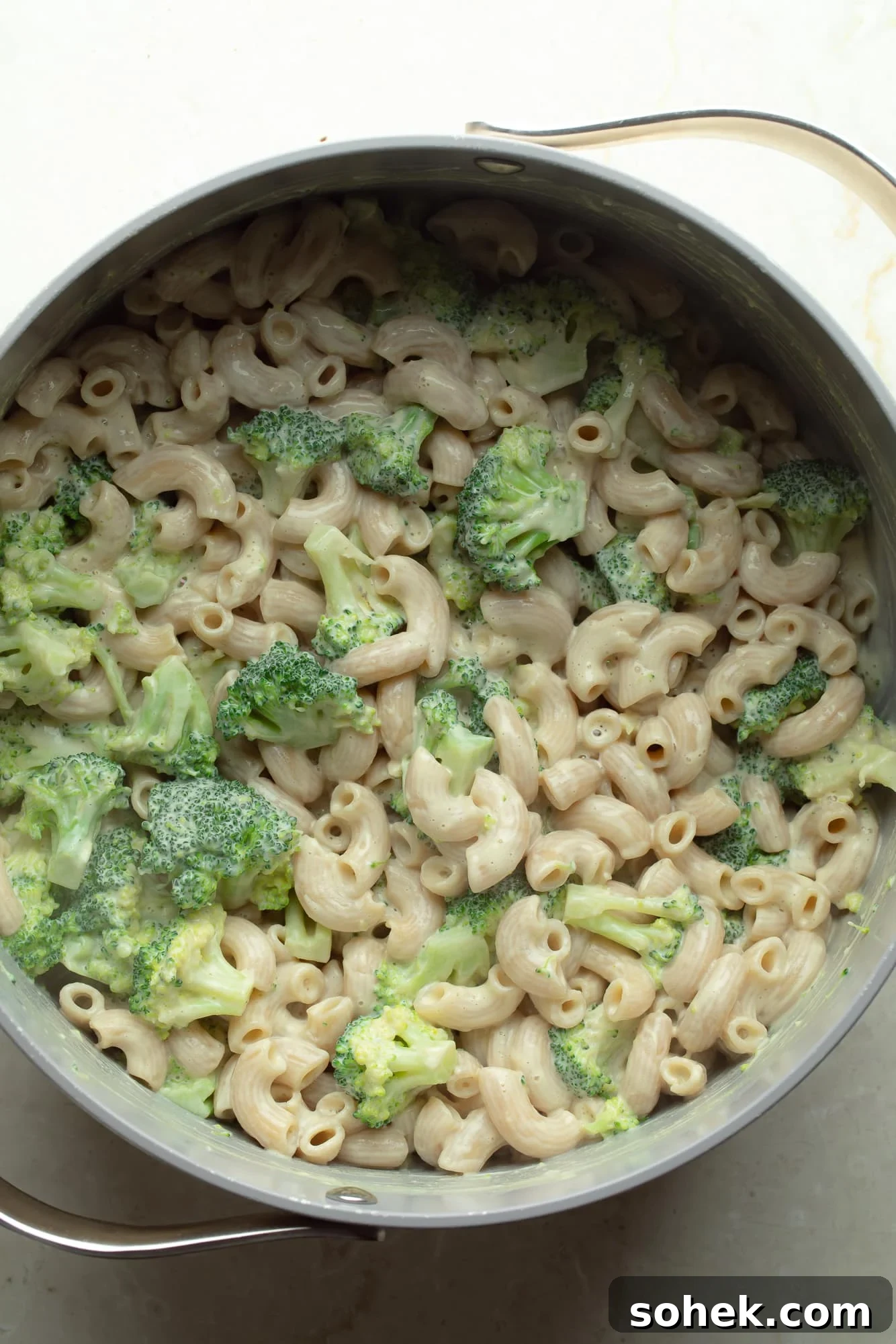 High-Protein Sharp White Mac and Cheese with Broccoli 7 overhead view of vegan white mac and cheese with broccoli in a pot.