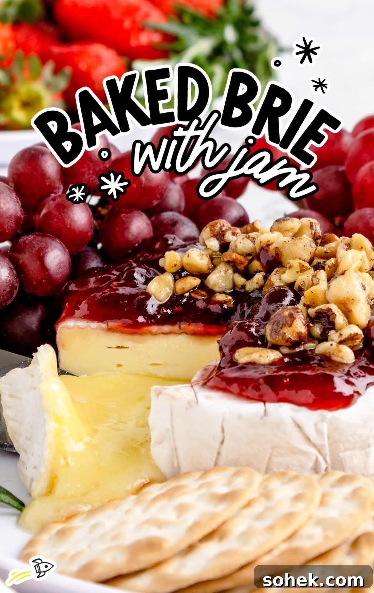 Baked Brie with Jam: Gooey Appetizer Recipe for Entertaining 2 close shot of Baked Brie topped with Jam and walnuts served with crackers