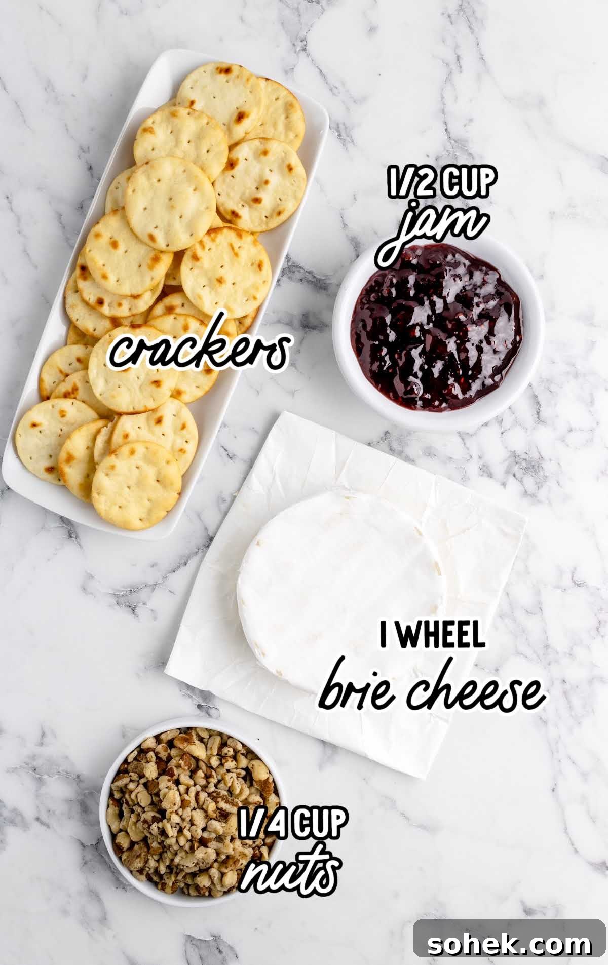 Baked Brie with Jam: Gooey Appetizer Recipe for Entertaining 3 Baked Brie with Jam raw ingredients that are labeled