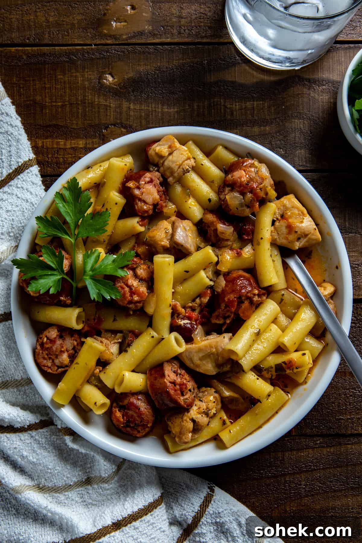 Pastalaya: Creole Pasta and Sausage Skillet Recipe 2 Cooked pastalaya in round white bowl.