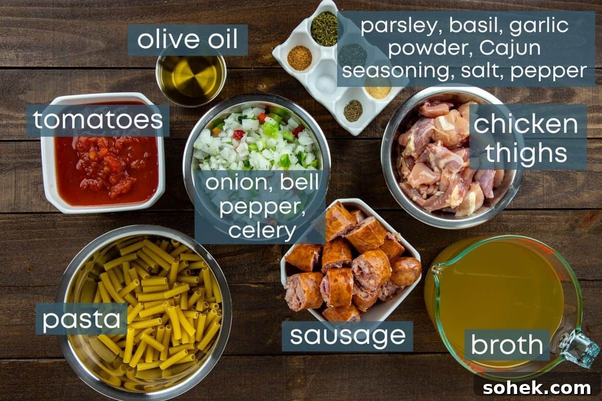 Pastalaya: Creole Pasta and Sausage Skillet Recipe 3 photo collage of recipe ingredients measured out in individual containers on counter top.