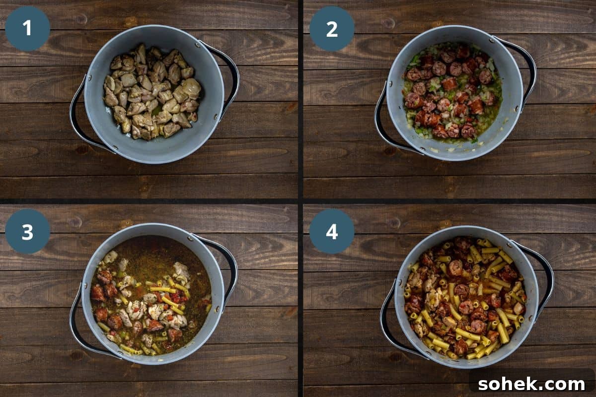 Pastalaya: Creole Pasta and Sausage Skillet Recipe 4 photo collage of recipe steps.