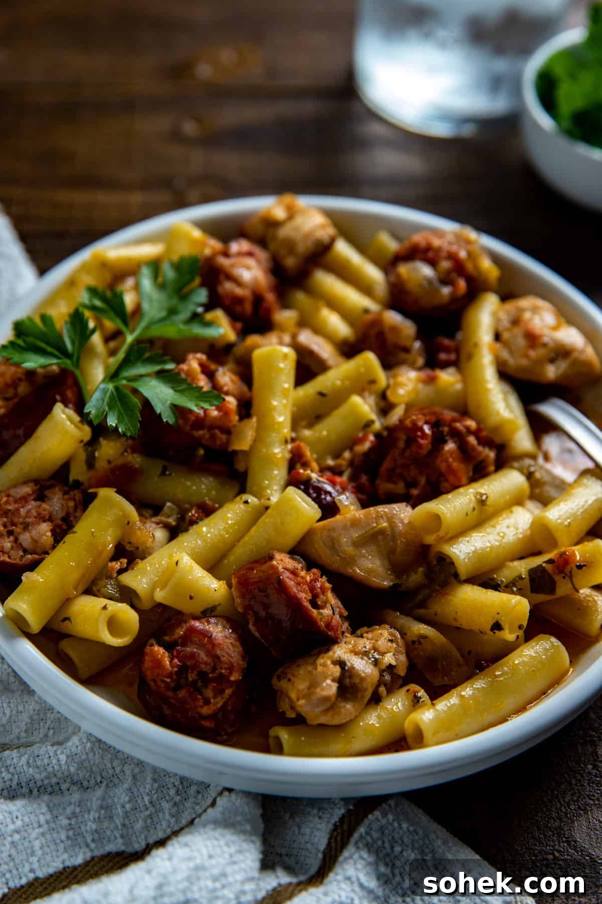 Pastalaya: Creole Pasta and Sausage Skillet Recipe 5 Cooked pastalaya in round white bowl.