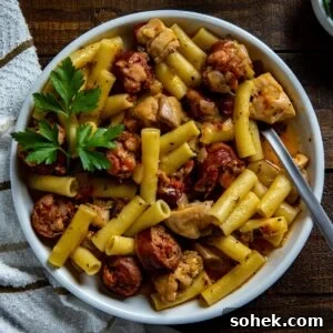 Pastalaya: Creole Pasta and Sausage Skillet Recipe 6 cooked chicken and sausage pastalayain white bowl.