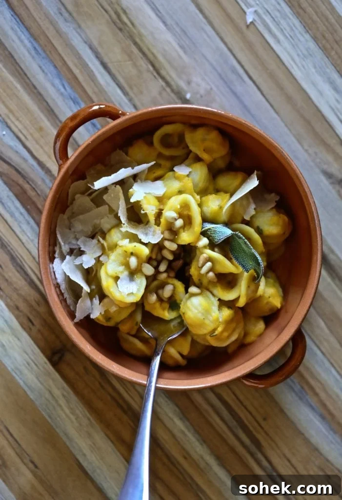 Spoon in a bowl of pumpkin pasta.