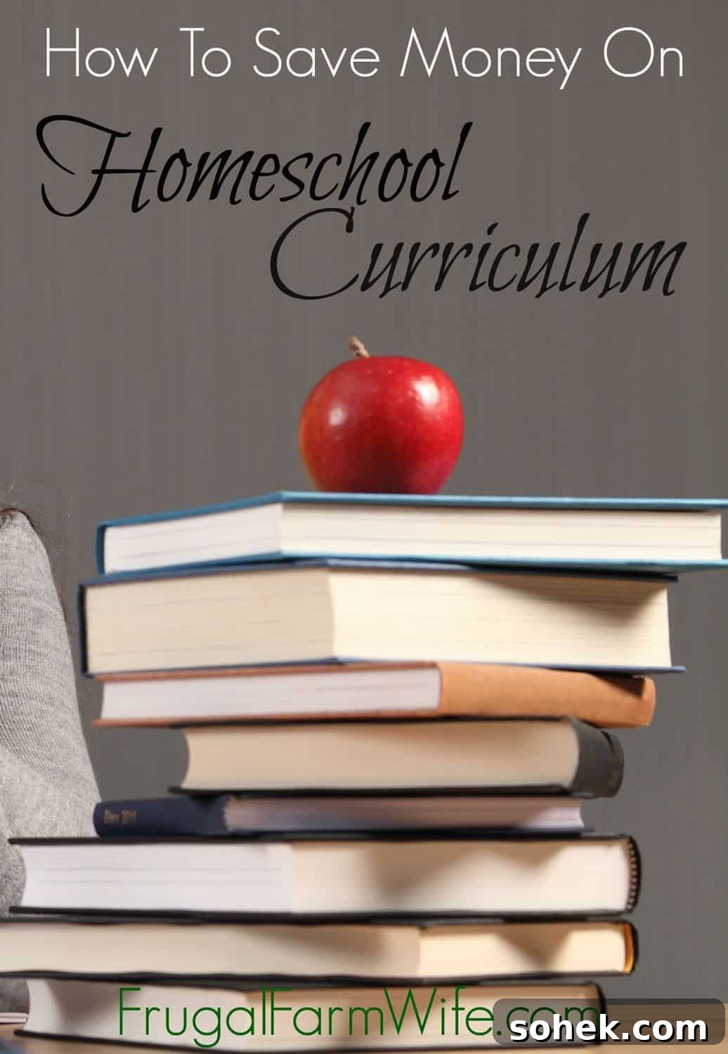 Save Big on Homeschool Curriculum: Practical Ways to Cut Costs 2 Photo shows a stack of books with an apple on tope and text that reads "How to Save Money On Homeschool Curriculum"