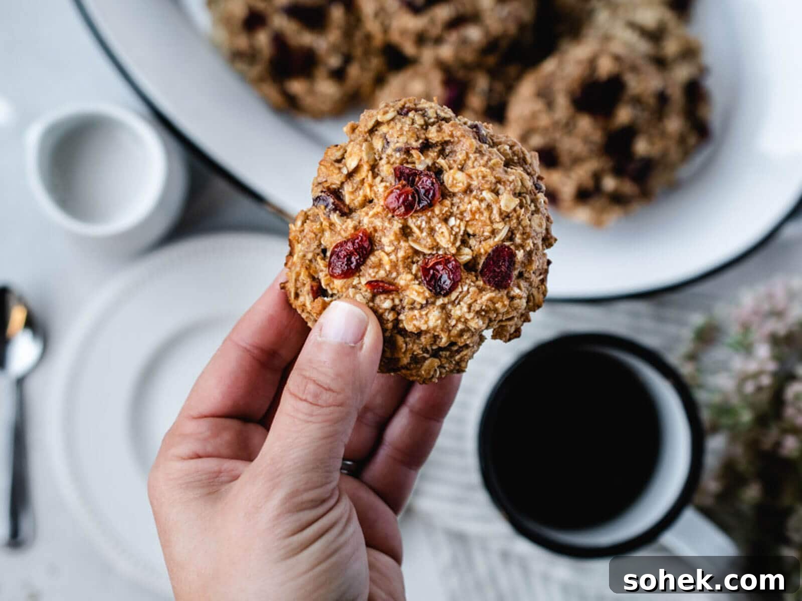 Gluten-Free, Dairy-Free Breakfast Cookies — Make-Ahead Recipe 12 Hand holding a delicious breakfast cookie loaded with oats and dried fruit.