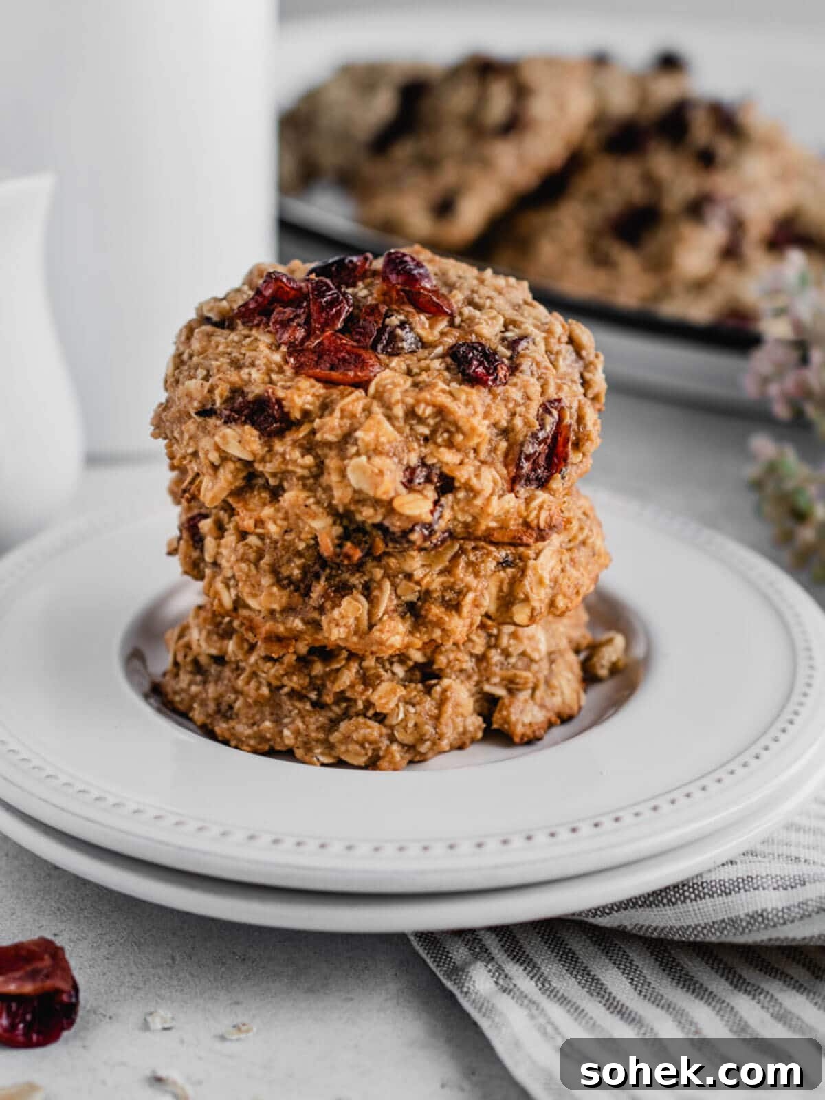 Gluten-Free, Dairy-Free Breakfast Cookies — Make-Ahead Recipe 3 A stack of breakfast cookies with dried fruit and oats.