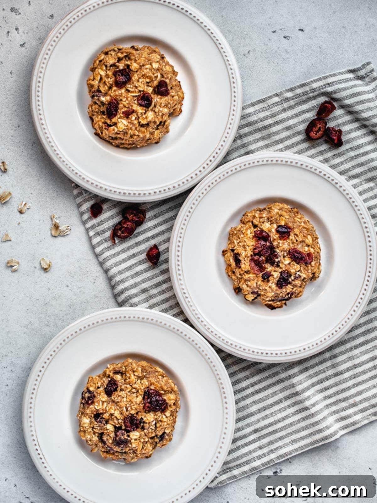 Gluten-Free, Dairy-Free Breakfast Cookies — Make-Ahead Recipe 10 Breakfast cookies each on a plate with dried fruit and oats around.
