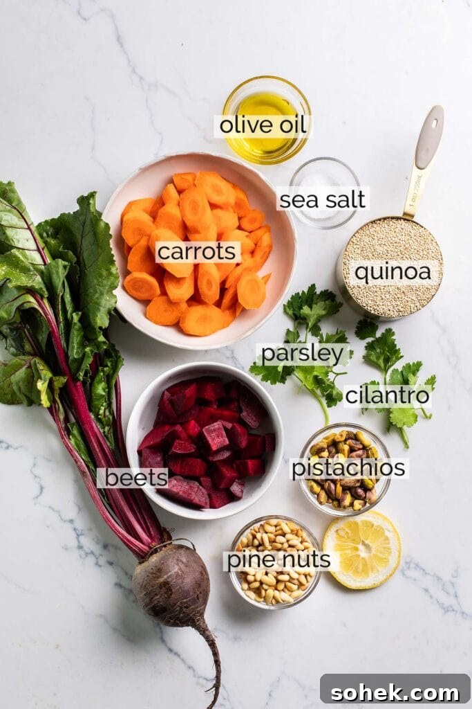 The ingredients needed for a roasted carrot and beet quinoa salad.