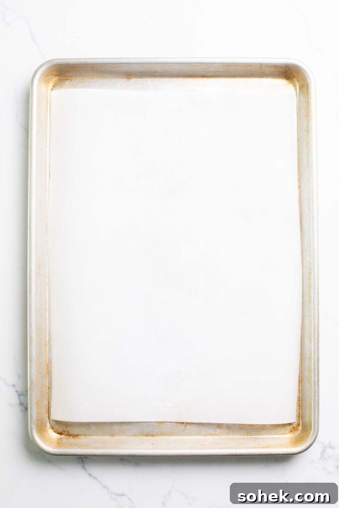 Step 1 shows lining a baking pan with parchment paper.