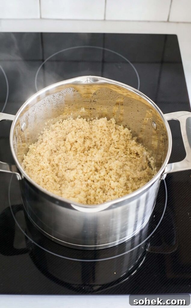 Step 4 shows steaming the quinoa on the stovetop.