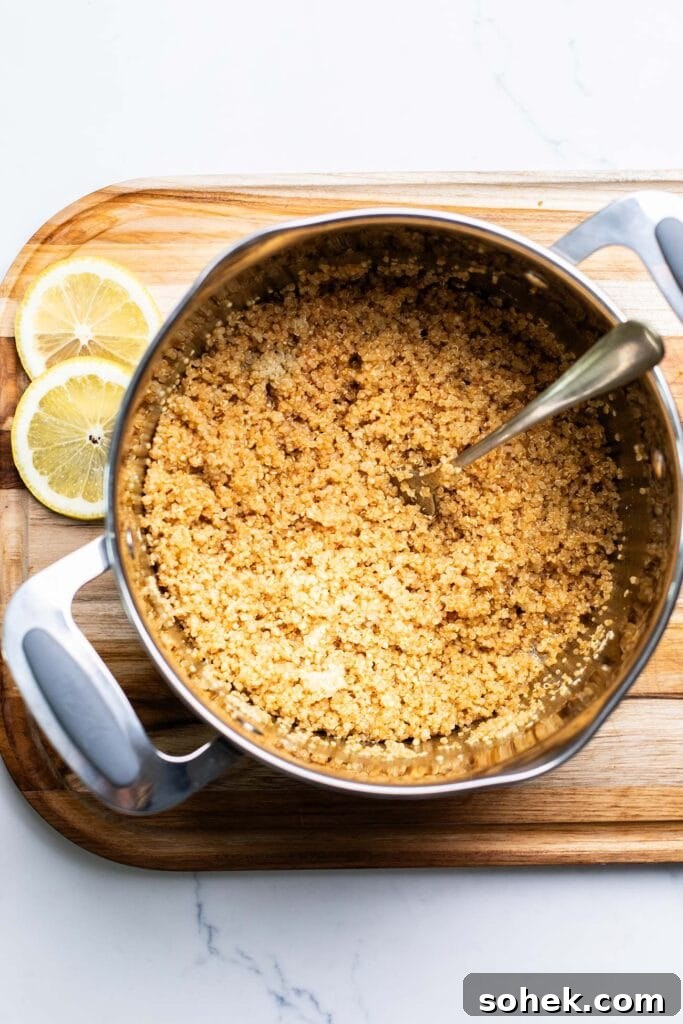 Step 5 shows tossing quinoa with the lemon dressing.
