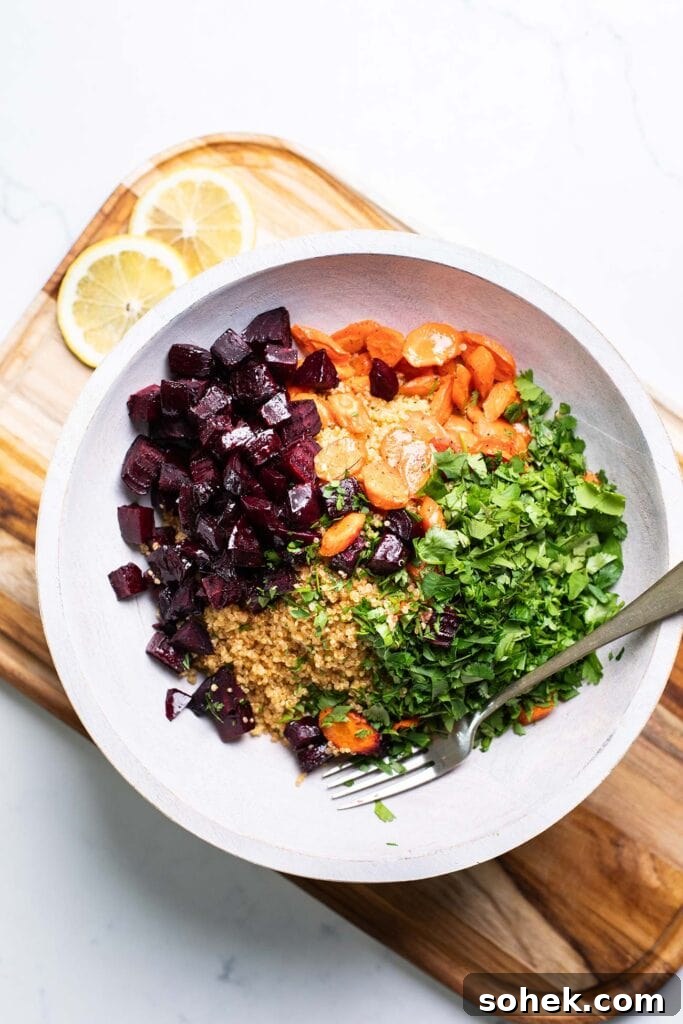 Step 6 shows adding the roasted vegetables and herbs to the quinoa in a large bowl.