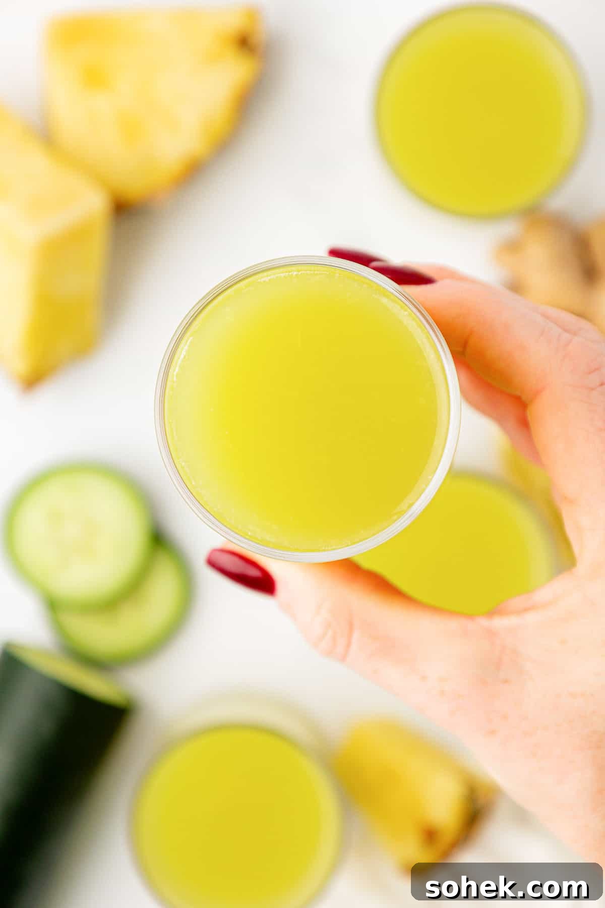 hand holding a glass of pineapple cucumber juice